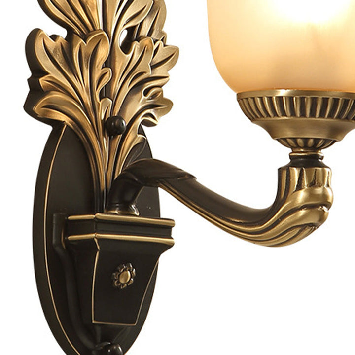 Skørter | Bell Bedroom Wall Light Rustic Frosted Glass 1/2-Light Black-Gold Wall Lamp with Carved Arm