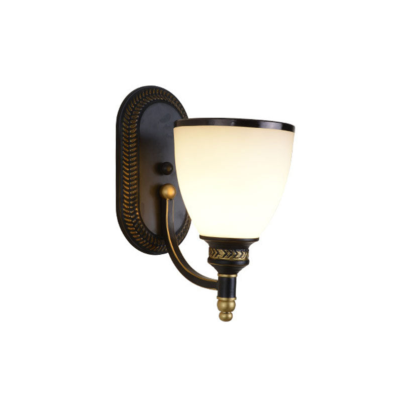 Skørter | Metal Dome Wall Lamp Vintage Style 1/2-Cup Living Room Wall Lamp with White Glass in Black