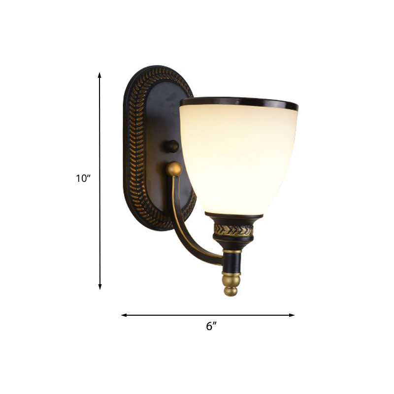 Skørter | Metal Dome Wall Lamp Vintage Style 1/2-Cup Living Room Wall Lamp with White Glass in Black