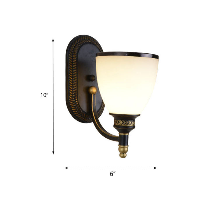 Skørter | Metal Dome Wall Lamp Vintage Style 1/2-Cup Living Room Wall Lamp with White Glass in Black