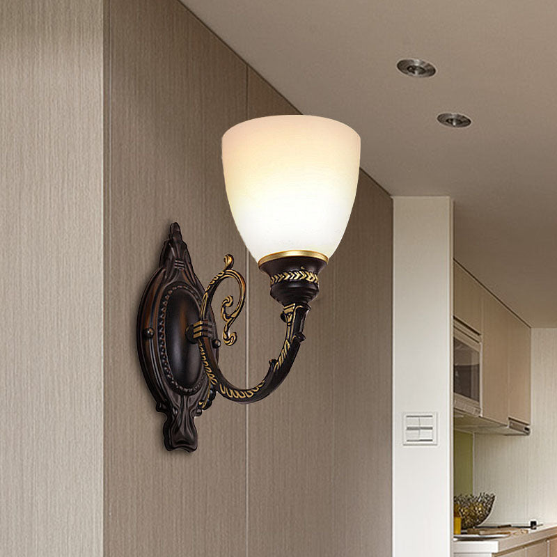 Skørter | Bowl Frosted Glass Wall Lighting Retro 1/2-Light Bedroom Wall Lamp in Black