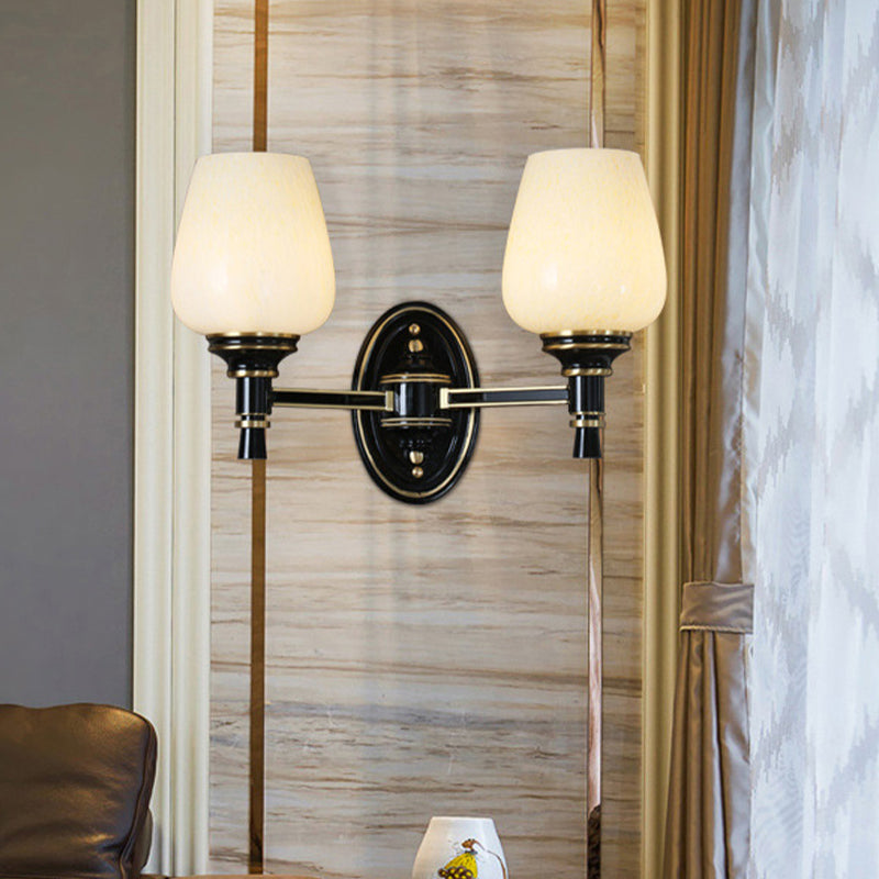 Skørter | 1/2-Pear Wall Mounted Light with Cone White Glass Shade Traditional Living Room Wall Lamp in Black
