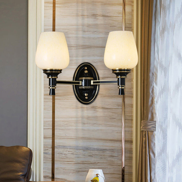 Skørter | 1/2-Pear Wall Mounted Light with Cone White Glass Shade Traditional Living Room Wall Lamp in Black