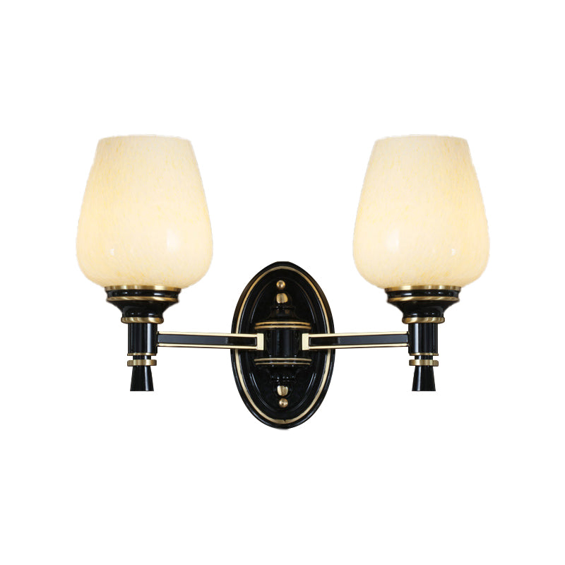 Skørter | 1/2-Pear Wall Mounted Light with Cone White Glass Shade Traditional Living Room Wall Lamp in Black