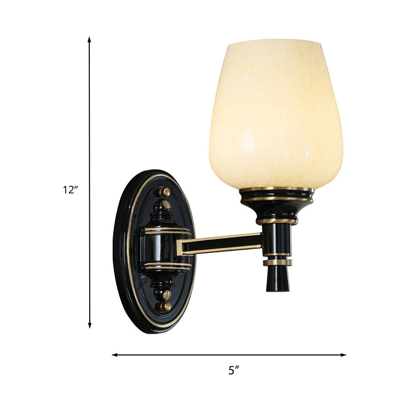 Skørter | 1/2-Pear Wall Mounted Light with Cone White Glass Shade Traditional Living Room Wall Lamp in Black
