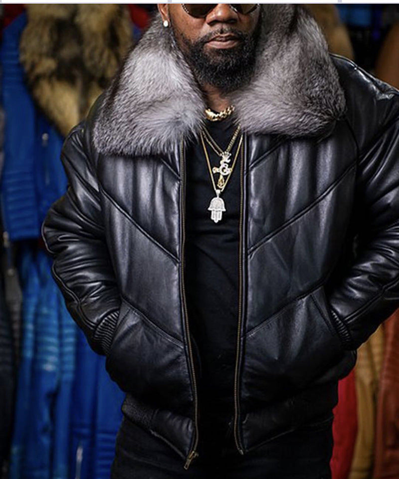 Men's lambskin bomber jacket with luxurious synthetic fur collar and modern cut Lisslune