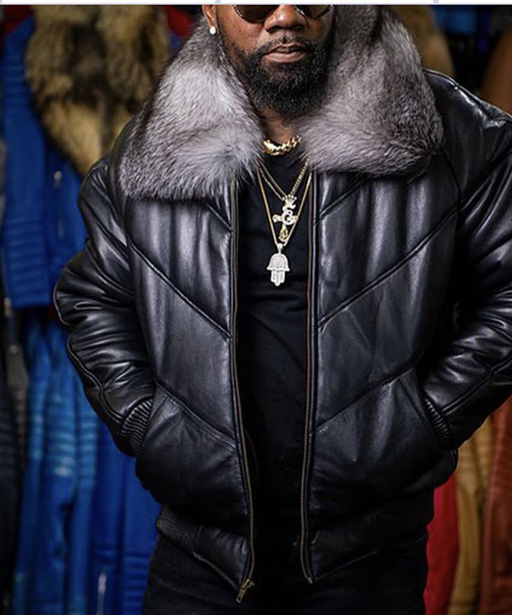 Men's lambskin bomber jacket with luxurious synthetic fur collar and modern cut Lisslune