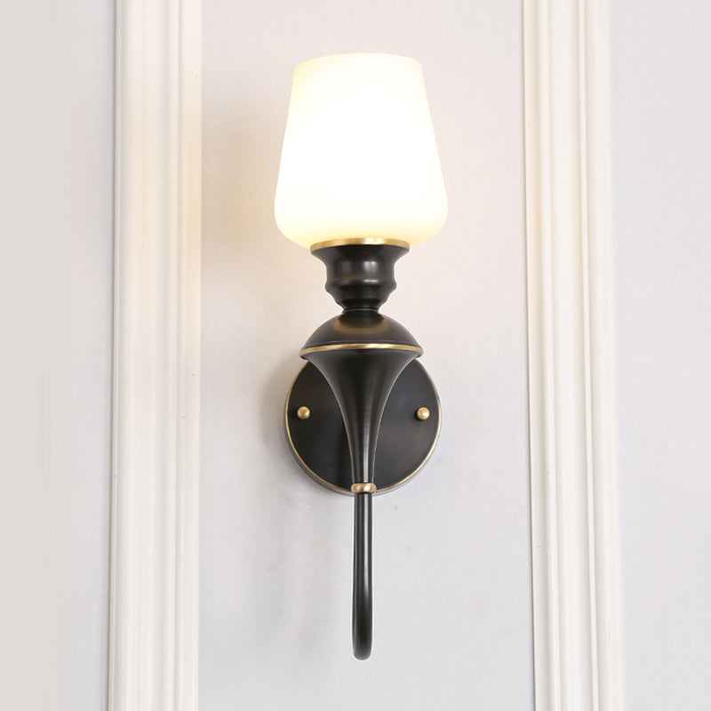 Skørter | Cone White Glass Wall Lamp Light Traditional 1/2 Lights Bedroom Wall Mounted Light in Gold/Black