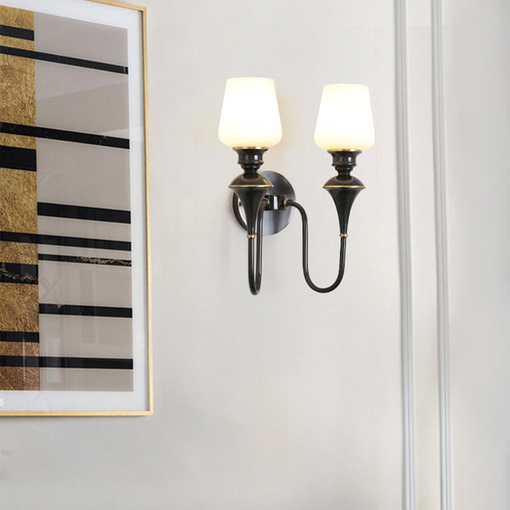 Skørter | Cone White Glass Wall Lamp Light Traditional 1/2 Lights Bedroom Wall Mounted Light in Gold/Black