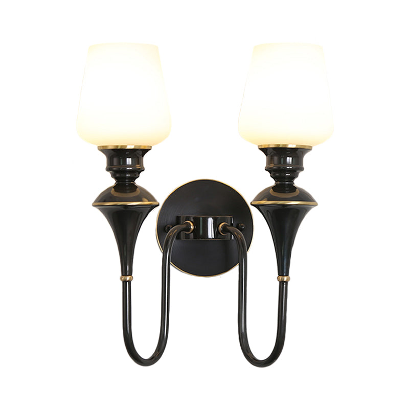 Skørter | Cone White Glass Wall Lamp Light Traditional 1/2 Lights Bedroom Wall Mounted Light in Gold/Black