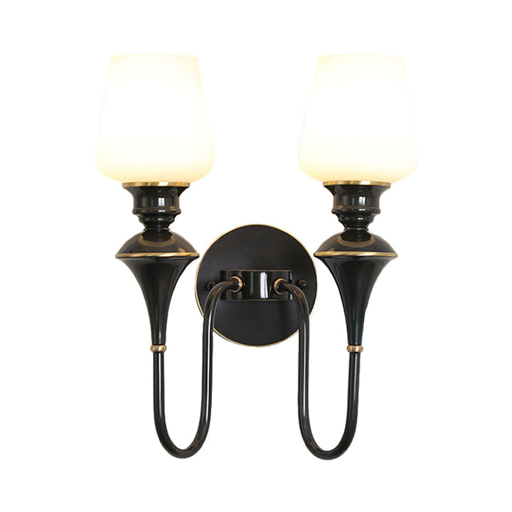Skørter | Cone White Glass Wall Lamp Light Traditional 1/2 Lights Bedroom Wall Mounted Light in Gold/Black