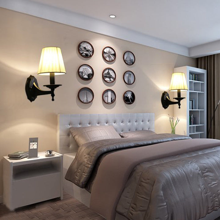 Skørter | Tapered Bedroom Wall Light Rustic Fabric 1/2 Lights Flax/White Wall Mounted Light
