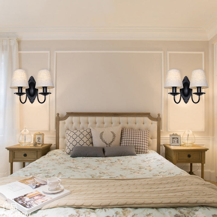 Skørter | Tapered Bedroom Wall Light Rustic Fabric 1/2 Lights Flax/White Wall Mounted Light