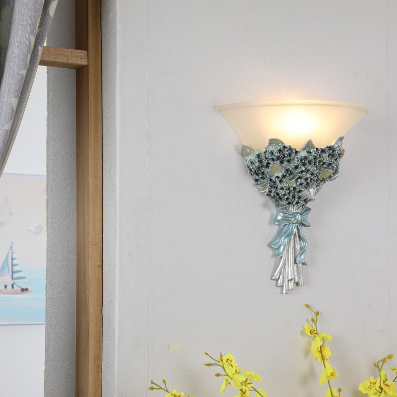 Skørter | Flared Corridor Light Wall Lamp Fitting Vintage Amber/White Glass 1 Light Blue/Gold Flowers Sconces Light