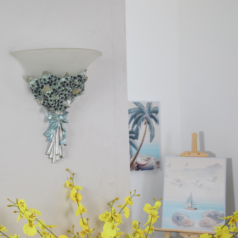 Skørter | Flared Corridor Light Wall Lamp Fitting Vintage Amber/White Glass 1 Light Blue/Gold Flowers Sconces Light