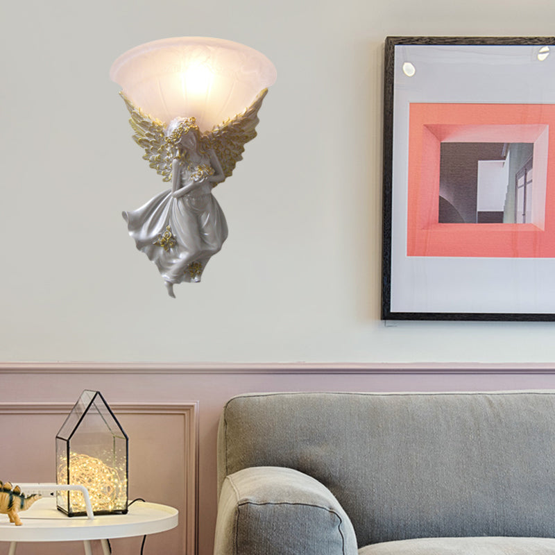 Skørter | Expansive Living Room Wall Lamp Simple Style Frosted/Amber Glass 1 Light Wall Lamp with Gold/White Angel facing Right/Left