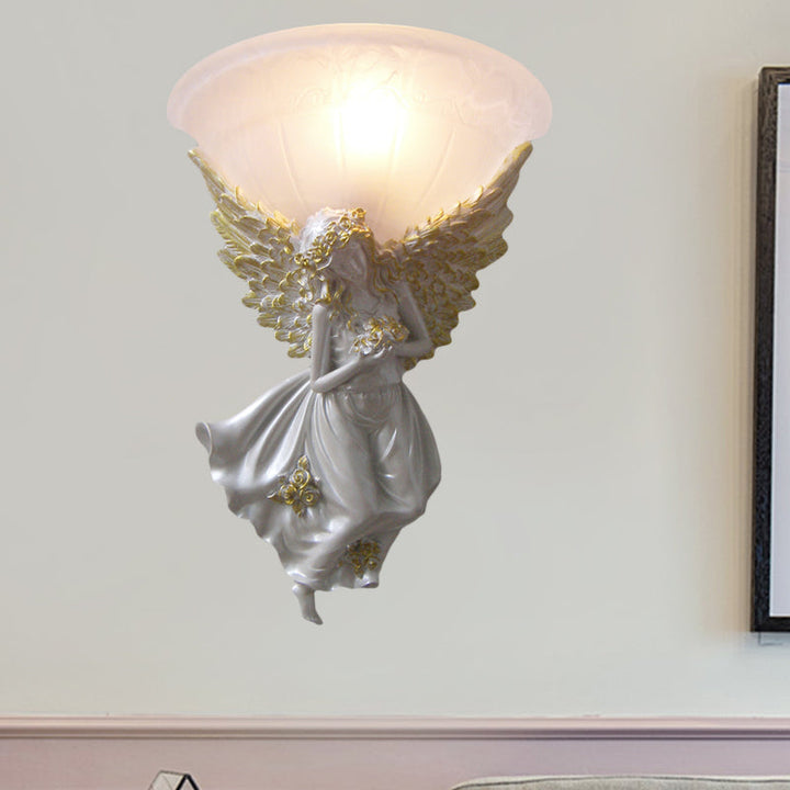 Skørter | Expansive Living Room Wall Lamp Simple Style Frosted/Amber Glass 1 Light Wall Lamp with Gold/White Angel facing Right/Left