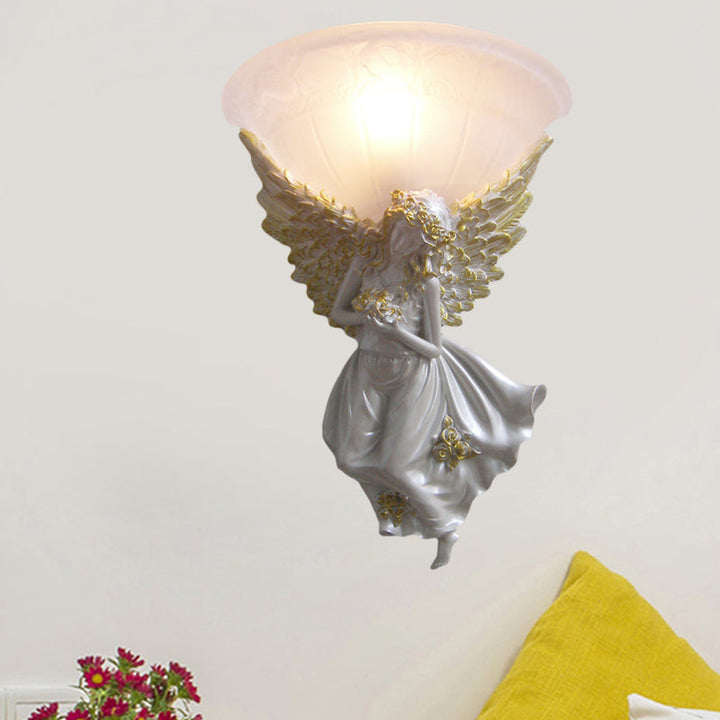 Skørter | Expansive Living Room Wall Lamp Simple Style Frosted/Amber Glass 1 Light Wall Lamp with Gold/White Angel facing Right/Left
