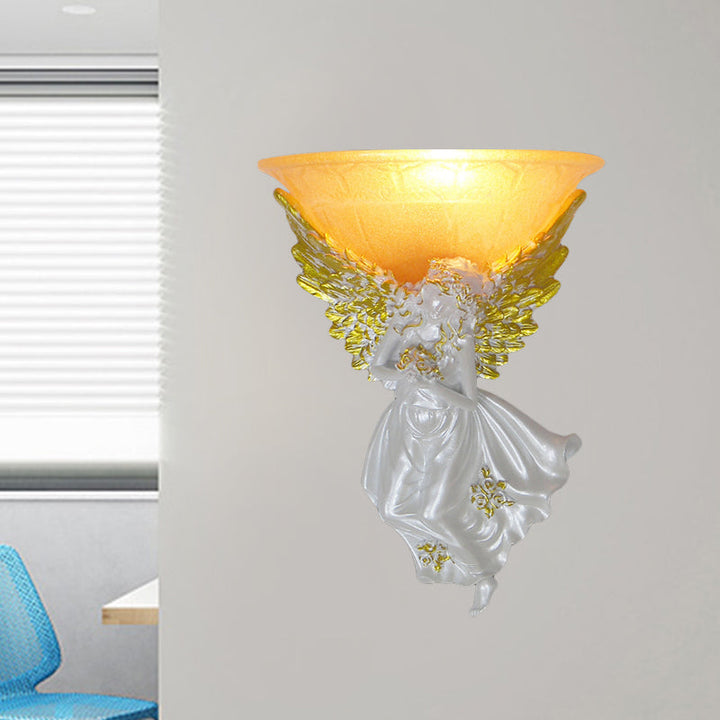 Skørter | Expansive Living Room Wall Lamp Simple Style Frosted/Amber Glass 1 Light Wall Lamp with Gold/White Angel facing Right/Left