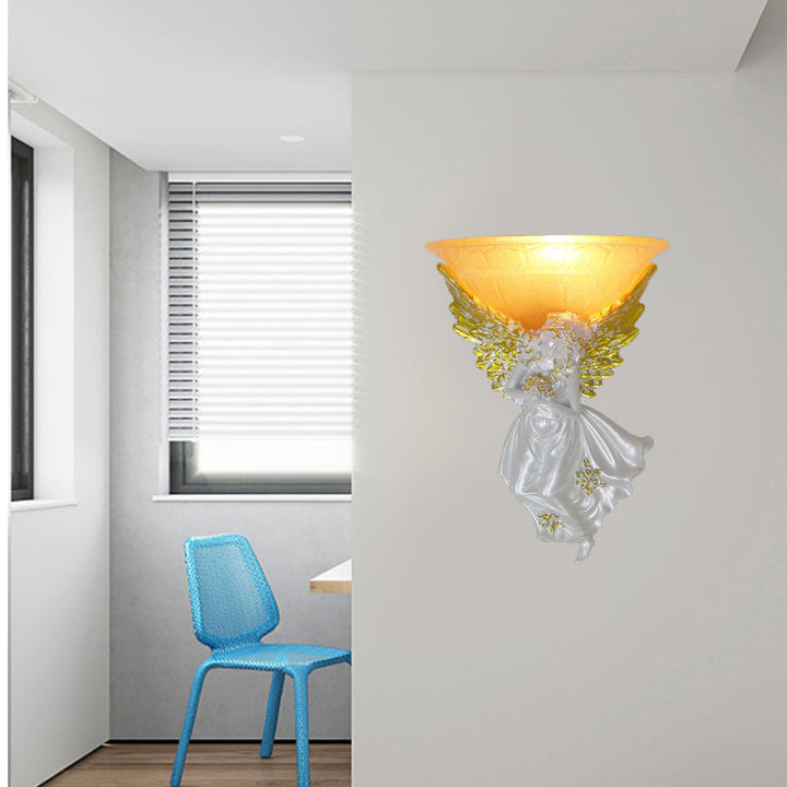 Skørter | Expansive Living Room Wall Lamp Simple Style Frosted/Amber Glass 1 Light Wall Lamp with Gold/White Angel facing Right/Left