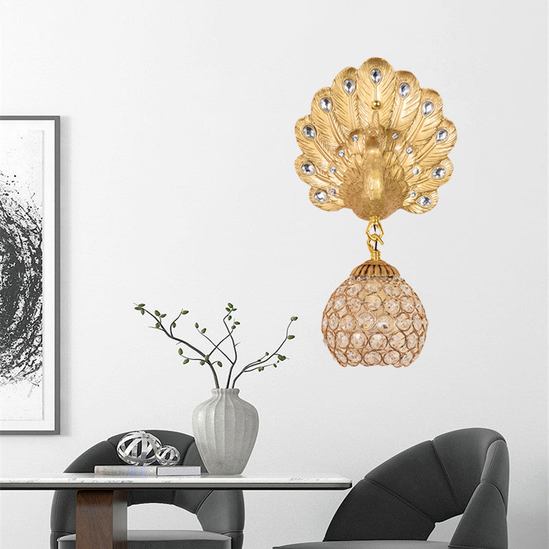 Skørter | Gold Peacock Wall Mounted Lamp Vintage Resin 1 Light Living Room Wall Light with Dome Shade, 8"/14" Wide