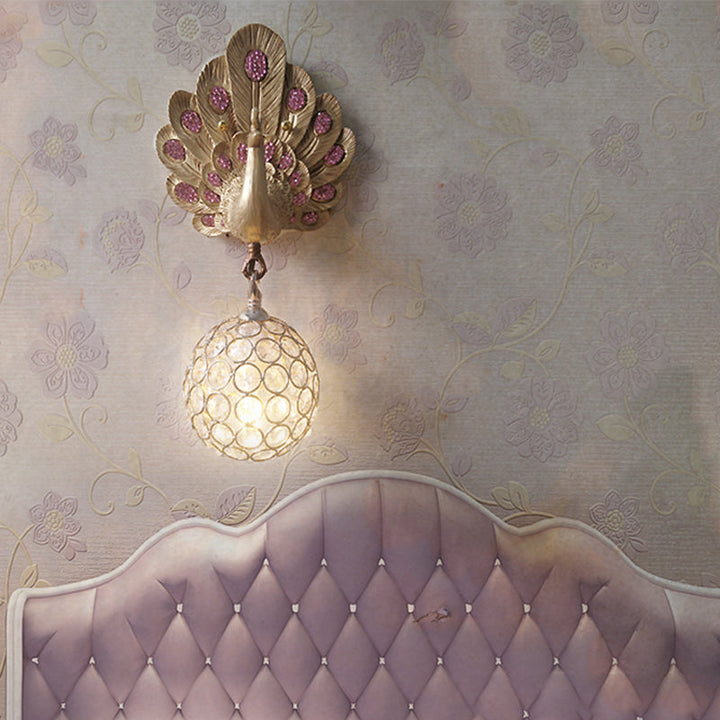 Skørter | Clear Crystal Orb Wall Light with Resin Peacock 1 Light Gold/Pink/White Wall Mounted Light for Nightstand