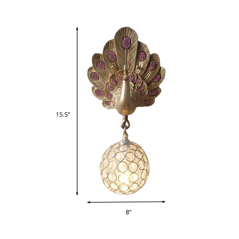 Skørter | Clear Crystal Orb Wall Light with Resin Peacock 1 Light Gold/Pink/White Wall Mounted Light for Nightstand