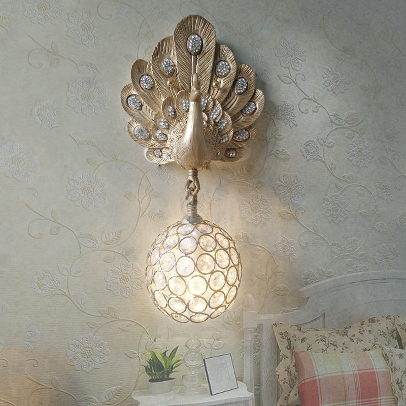 Skørter | Clear Crystal Orb Wall Light with Resin Peacock 1 Light Gold/Pink/White Wall Mounted Light for Nightstand