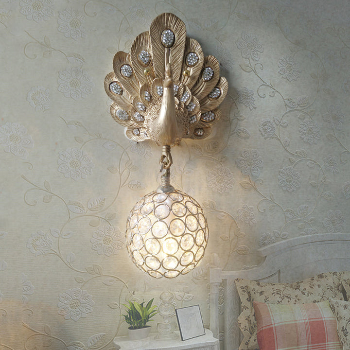 Skørter | Clear Crystal Orb Wall Light with Resin Peacock 1 Light Gold/Pink/White Wall Mounted Light for Nightstand