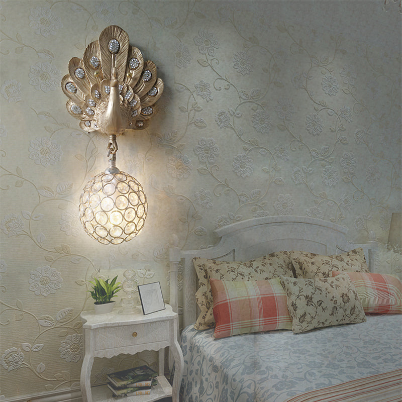 Skørter | Clear Crystal Orb Wall Light with Resin Peacock 1 Light Gold/Pink/White Wall Mounted Light for Nightstand