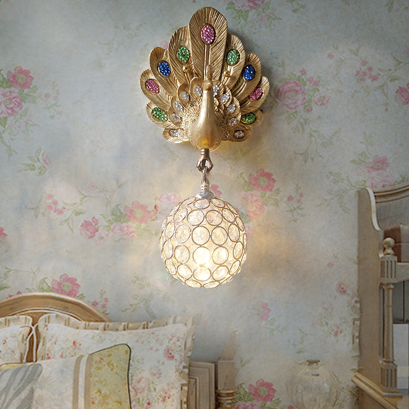 Skørter | Clear Crystal Orb Wall Light with Resin Peacock 1 Light Gold/Pink/White Wall Mounted Light for Nightstand