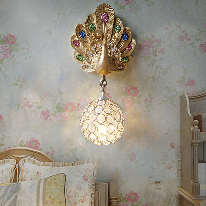 Skørter | Clear Crystal Orb Wall Light with Resin Peacock 1 Light Gold/Pink/White Wall Mounted Light for Nightstand