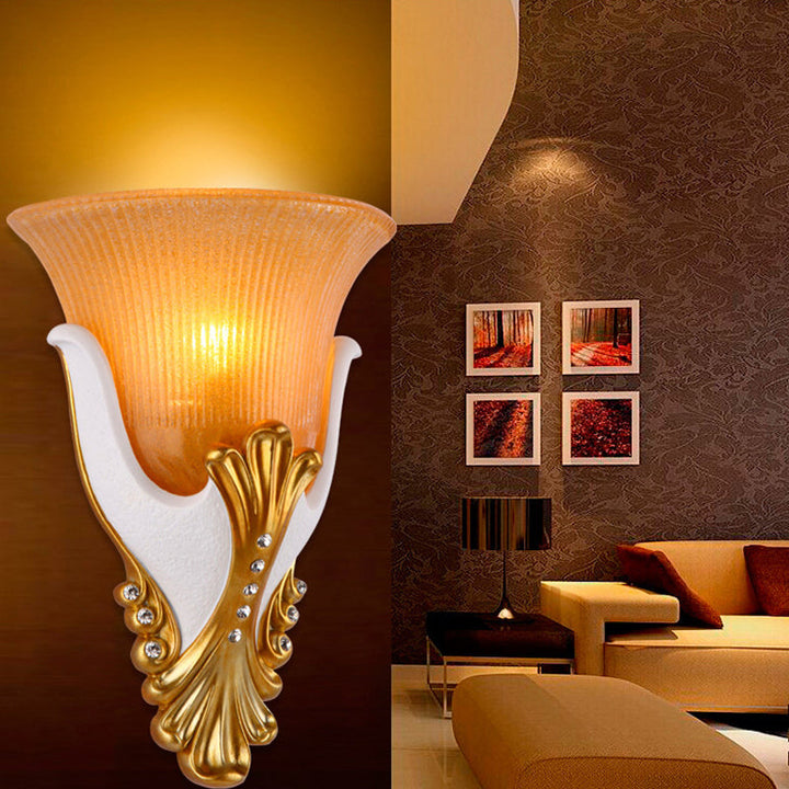Skørter | 1 Light Ribbed Glass Wall Lamp Vintage White/Yellow Bell-Shaped Nightstand Lamp, 9.5"/13" Wide