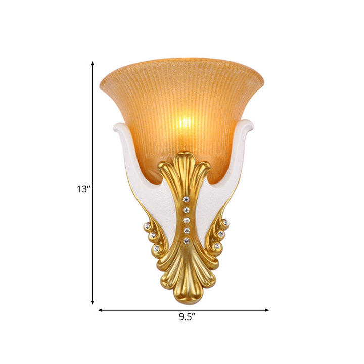 Skørter | 1 Light Ribbed Glass Wall Lamp Vintage White/Yellow Bell-Shaped Nightstand Lamp, 9.5"/13" Wide