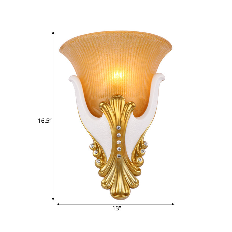Skørter | 1 Light Ribbed Glass Wall Lamp Vintage White/Yellow Bell-Shaped Nightstand Lamp, 9.5"/13" Wide