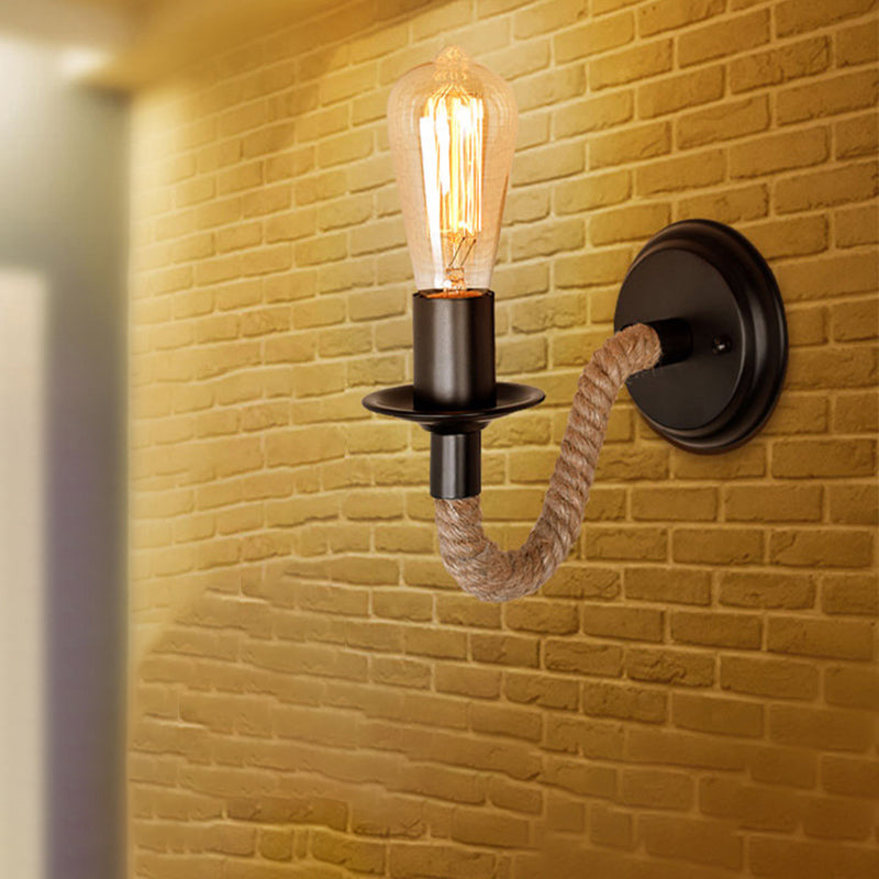 Lisslune | Single Curved Arm Wall Lamp Rustic Brown Rope Wall Light Lighting with Exposed Bulb Design
