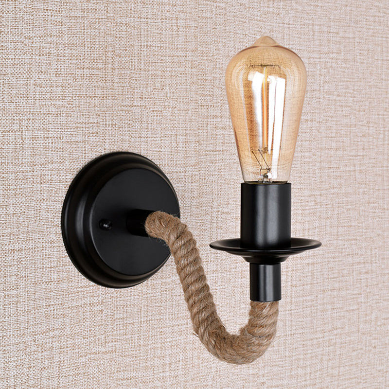 Lisslune | Single Curved Arm Wall Lamp Rustic Brown Rope Wall Light Lighting with Exposed Bulb Design