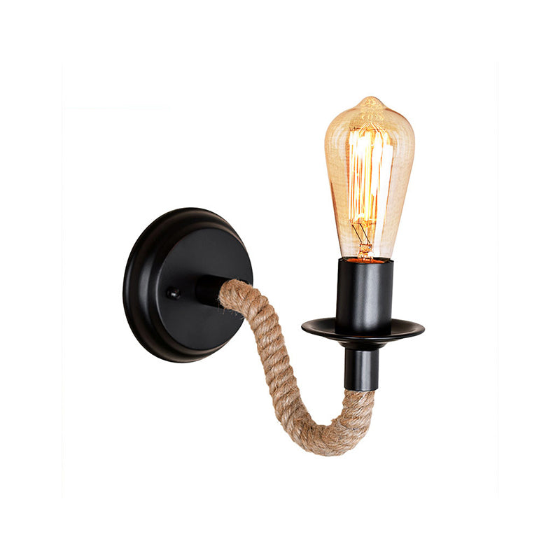 Lisslune | Single Curved Arm Wall Lamp Rustic Brown Rope Wall Light Lighting with Exposed Bulb Design