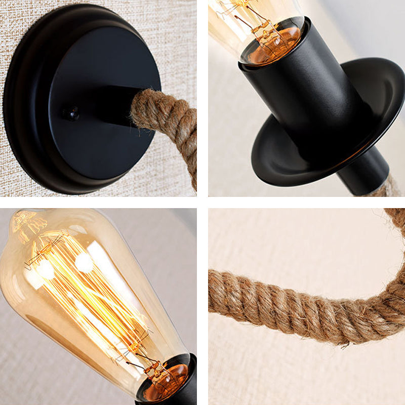 Lisslune | Single Curved Arm Wall Lamp Rustic Brown Rope Wall Light Lighting with Exposed Bulb Design