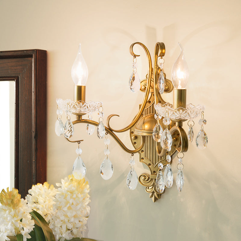 Skørter | Aged Brass Wall Lamp Traditional Crystal Candle Wall Lighting Sconces with Scroll Arm