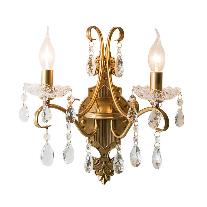 Skørter | Aged Brass Wall Lamp Traditional Crystal Candle Wall Lighting Sconces with Scroll Arm