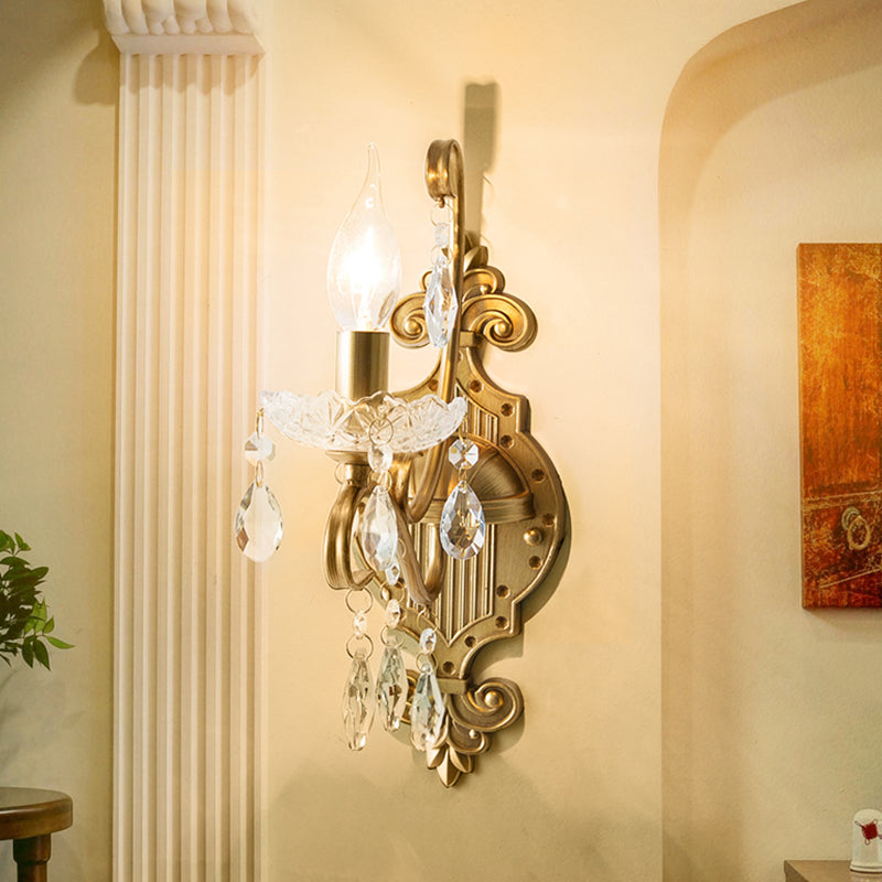 Skørter | Aged Brass Wall Lamp Traditional Crystal Candle Wall Lighting Sconces with Scroll Arm