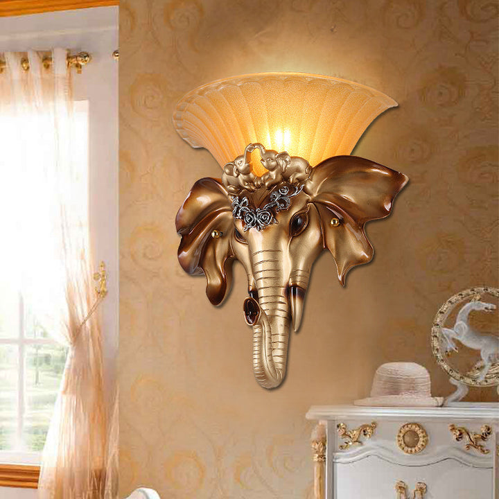 Skørter | Vintage Flared Wall Mount Light 1 Light Glass Sconces Light Fixture with Golden Resin Elephant Base