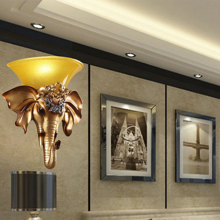 Skørter | Flared Living Room Wall Mount Light Antique Glass 1 Light Gold Wall Lamp with Resin Elephant Base