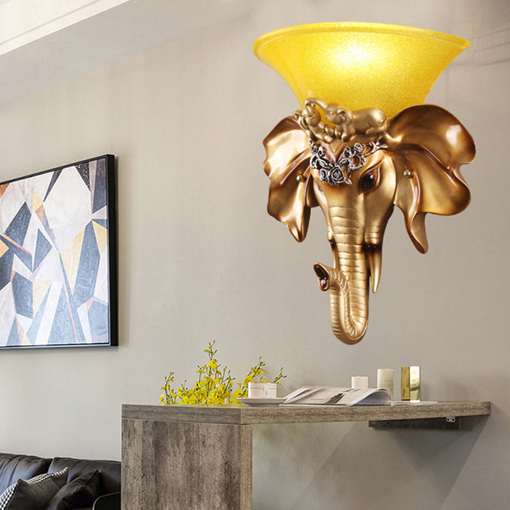 Skørter | Flared Living Room Wall Mount Light Antique Glass 1 Light Gold Wall Lamp with Resin Elephant Base