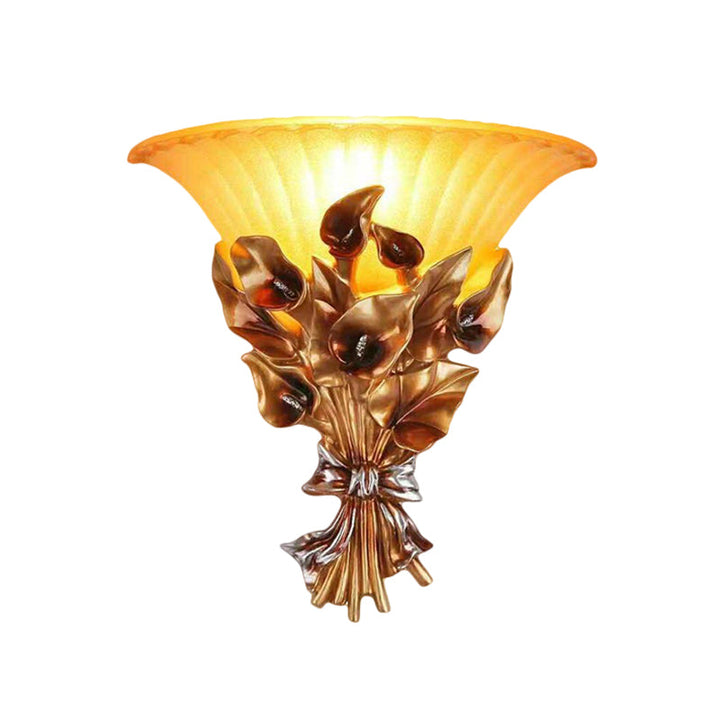 Skørter | Golden Flower Wall Mounted Light Traditional Resin 1 Light Living Room Sconces Light with Curved Glass Shade