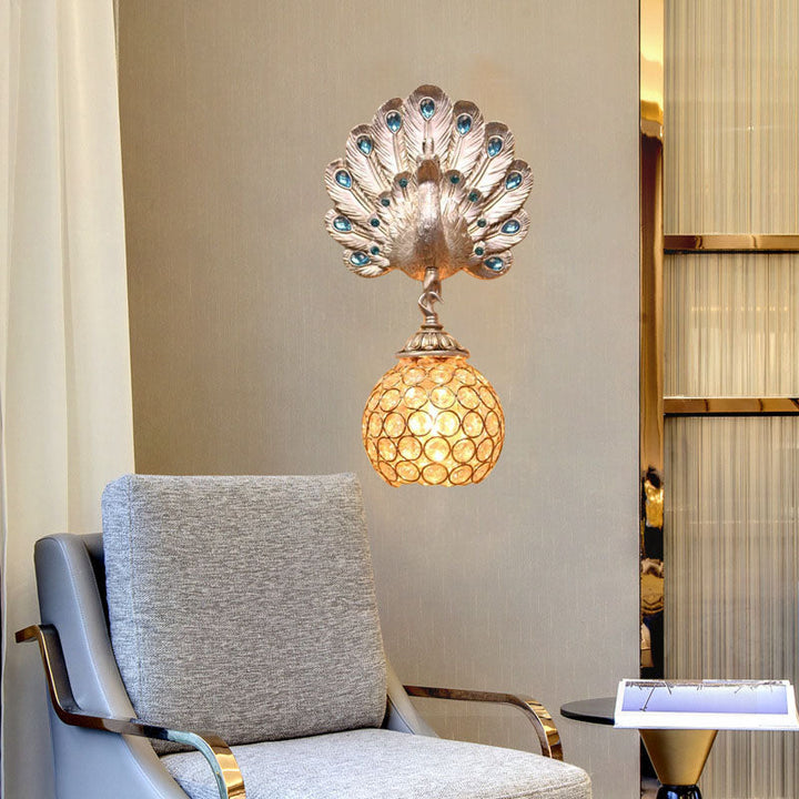Skørter | Dome Metal and Crystal Wall Lamp Antique Style 1 Light Corridor Wall Lamp with Silver Peacock Backplate