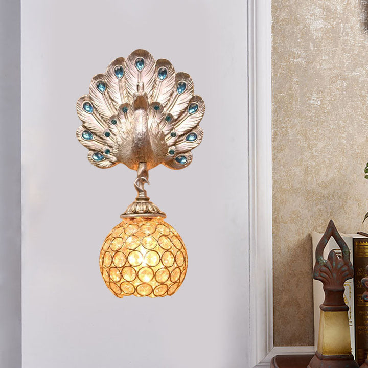 Skørter | Dome Metal and Crystal Wall Lamp Antique Style 1 Light Corridor Wall Lamp with Silver Peacock Backplate