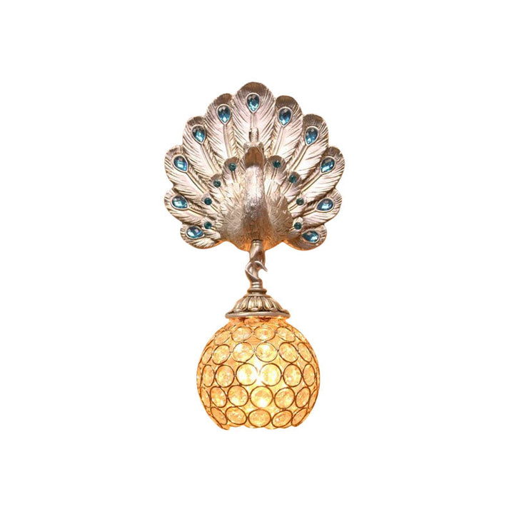 Skørter | Dome Metal and Crystal Wall Lamp Antique Style 1 Light Corridor Wall Lamp with Silver Peacock Backplate