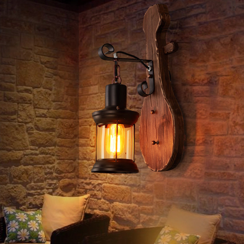 Lisslune | Nautical Novelty Guitar Wall Light Fixture 1-Light Wooden Sconce with Lantern Lampshade